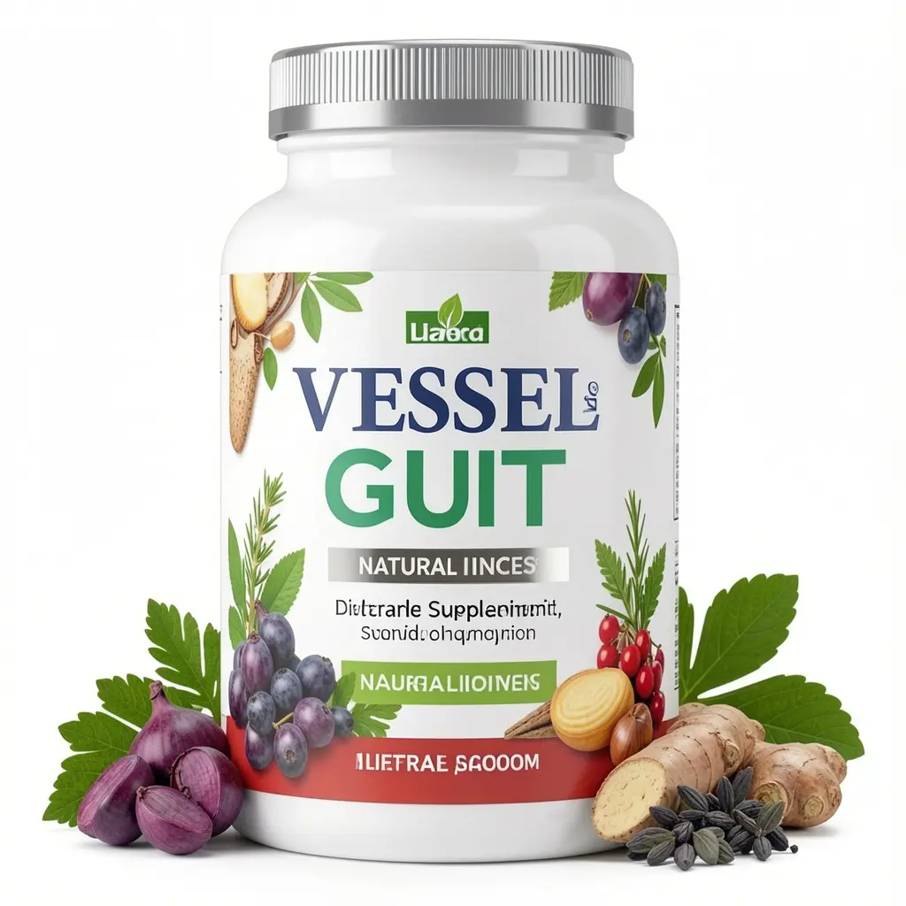Vessel and Gut dietary supplement bottle with natural ingredients